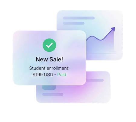Illustration showing a new course sale notification with revenue growth chart